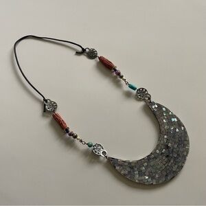Vintage Mother Of Pearl Mosaic Crescent Moon Shell Statement Necklace Large Boho